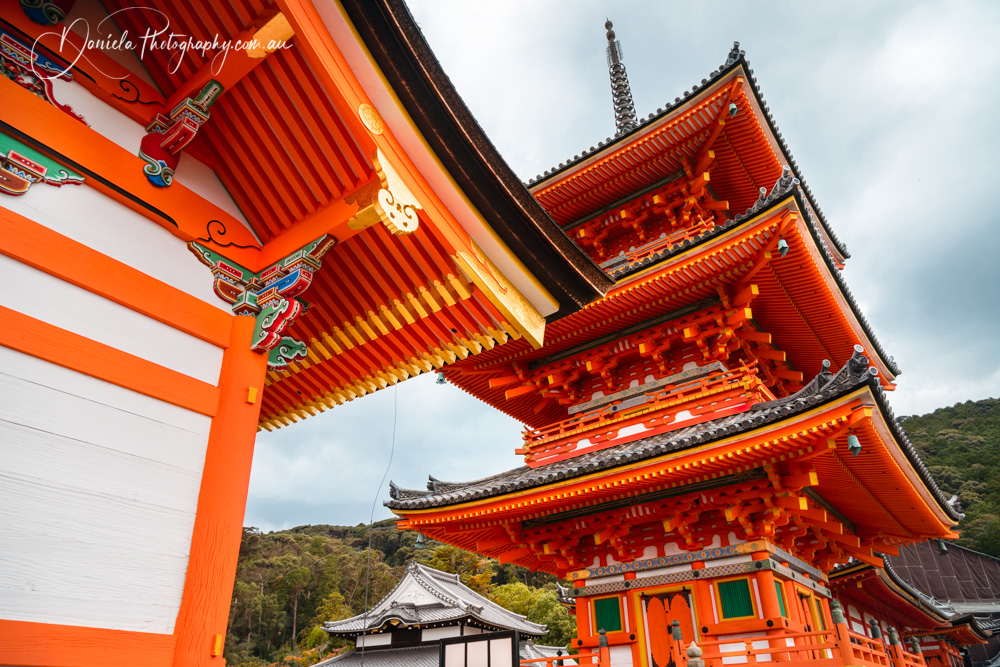 Kyoto Low angle perspective of the Pagoda Tower at Kiyomizu dera Temple